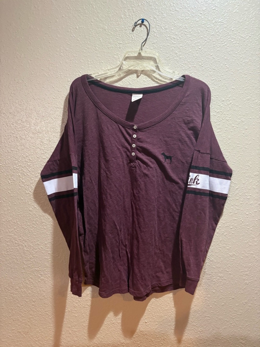 PINK Victoria's Secret Maroon Long Sleeve Henley with Stripe Detail